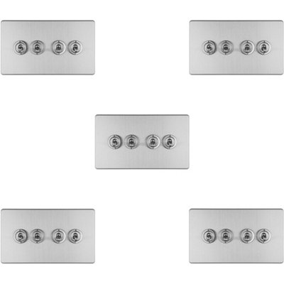 B&Q -  5 Pack 4 Gang Quad Retro Toggle Light Switch Screwless Satin Steel 10A 2 Way