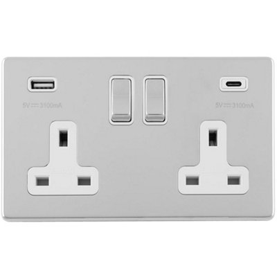 B&Q -  2 Gang Double 13A Uk Plug Socket & 2X 3.1A Usb-C Usb-A Screwless Chrome Charger