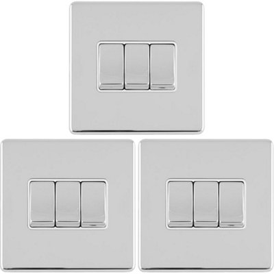 Loops 3 Pack 3 Gang Triple Switch Screwless Polished Chrome 2 Way 10A Rocker Light