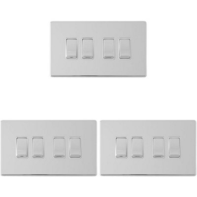 B&Q -  3 Pack 4 Gang Quad Light Switch Screwless Polished Chrome 2 Way 10A Rocker