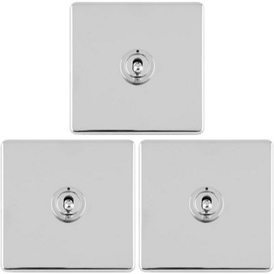 B&Q -  3 Pack 1 Gang Single Retro Toggle Light Switch Screwless Chrome 10A 2 Way Plate