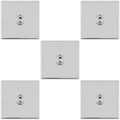 B&Q -  5 Pack 1 Gang Single Retro Toggle Light Switch Screwless Chrome 10A 2 Way Plate