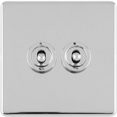 Loops 2 Gang Double Retro Toggle Light Switch Screwless Polished Chrome 10A 2Way Lever