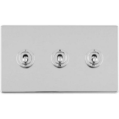 Loops 3 Gang Triple Retro Toggle Light Switch Screwless Polished Chrome 10A 2Way Lever