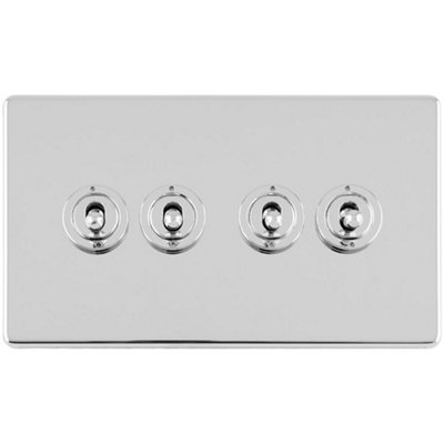 Loops 4 Gang Quad Retro Toggle Light Switch Screwless Polished Chrome 10A 2 Way Lever