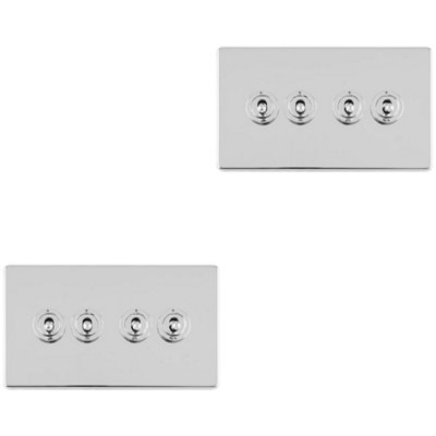Loops 2 Pack 4 Gang Quad Retro Toggle Light Switch Screwless Polished Chrome 10A 2 Way