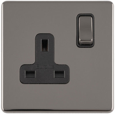 Loops 1 Gang Dp 13A Switched Uk Plug Socket Screwless Nickel Wall Power Outlet Black