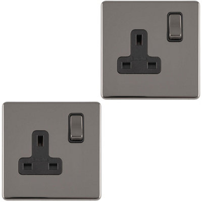 B&Q -  2 Pack 1 Gang Dp 13A Switched Uk Plug Socket Screwless Black Nickel Wall Power