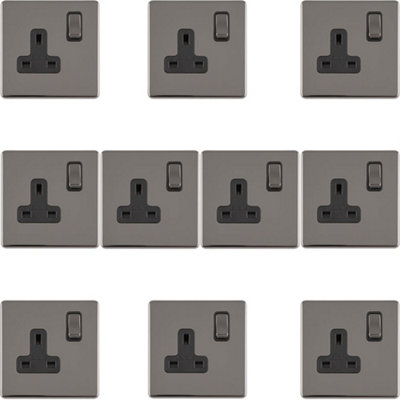 Loops 10 Pack 1 Gang Dp 13A Switched Uk Plug Socket Screwless Nickel Wall Power Black