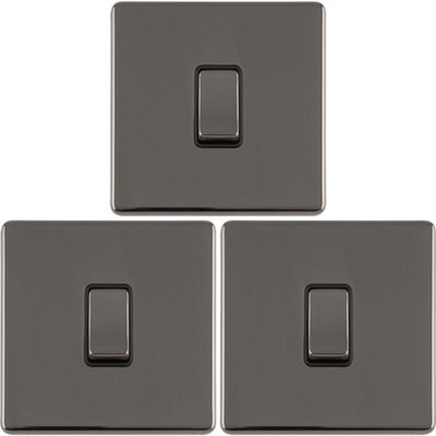 B&Q -  3 Pack 1 Gang Single Light Switch Screwless Black Nickel 2 Way 10A Slim Rocker