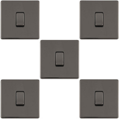 B&Q -  5 Pack 1 Gang Single Light Switch Screwless Black Nickel 2 Way 10A Slim Rocker