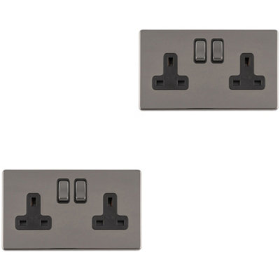 B&Q -  2 Pack 2 Gang Dp 13A Switched Uk Plug Socket Screwless Black Nickel Wall Power