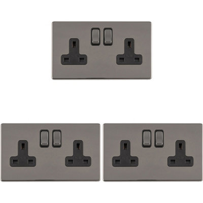 Loops 3 Pack 2 Gang Dp 13A Switched Uk Plug Socket Screwless Nickel Wall Power Black