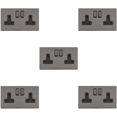 B&Q -  5 Pack 2 Gang Dp 13A Switched Uk Plug Socket Screwless Black Nickel Wall Power