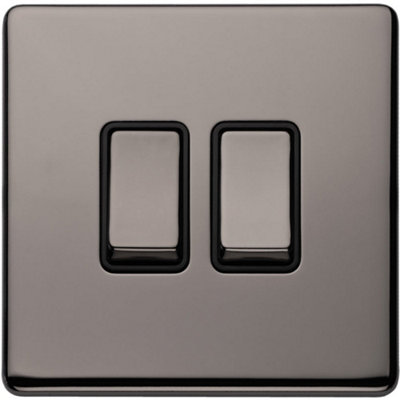 Loops 2 Gang Single Light Switch Screwless Black Nickel 2 Way 10A Metal Rocker Slim