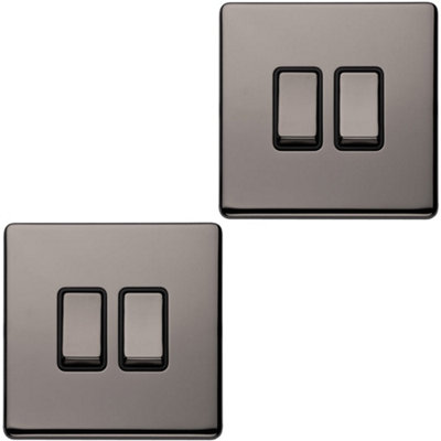 Loops 2 Pack 2 Gang Single Light Switch Screwless Black Nickel 2 Way 10A Slim Rocker