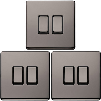 Loops 3 Pack 2 Gang Single Switch Screwless Nickel 2 Way 10A Slim Rocker Light/Black