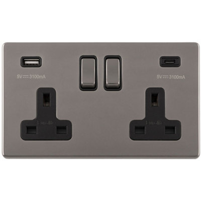 Loops 2 Gang Double 13A Uk Plug Socket & 2X 3.1A Usb-C & Usb-A Screwless Nickel Black