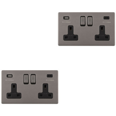 Loops 2 Pack 2 Gang Double 13A Uk Plug Socket & 2X 3.1A Usb-C Screwless Nickel Black
