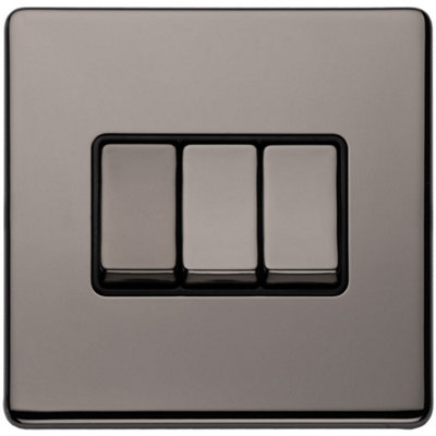 Loops 3 Gang Triple Light Switch Screwless Black Nickel 2 Way 10A Metal Rocker Slim