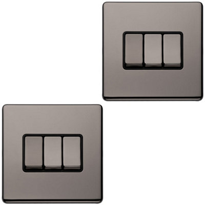 Loops 2 Pack 3 Gang Triple Light Switch Screwless Black Nickel 2 Way 10A Slim Rocker