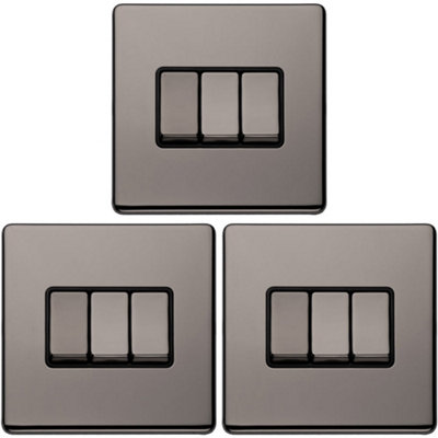 Loops 3 Pack 3 Gang Triple Light Switch Screwless Black Nickel 2 Way 10A Slim Rocker