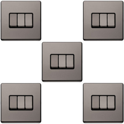 Loops 5 Pack 3 Gang Triple Switch Screwless Nickel 2 Way 10A Slim Rocker Light/Black
