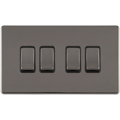 Loops 4 Gang Quad Light Switch Screwless Black Nickel 2 Way 10A Metal Rocker Slim