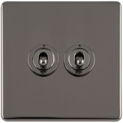 Loops 2 Gang Double Retro Toggle Switch Screwless Nickel 10A 2 Way Lever Light/Black