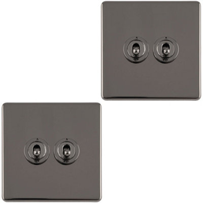 B&Q -  2 Pack 2 Gang Double Retro Toggle Light Switch Screwless Black Nickel 10A 2 Way