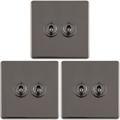 Loops 3 Pack 2 Gang Double Retro Toggle Switch Screwless Nickel 10A 2 Way Light/Black
