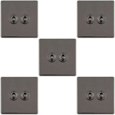B&Q -  5 Pack 2 Gang Double Retro Toggle Light Switch Screwless Black Nickel 10A 2 Way