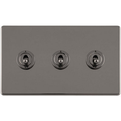 Loops 3 Gang Triple Retro Toggle Switch Screwless Nickel 10A 2 Way Lever Light/Black