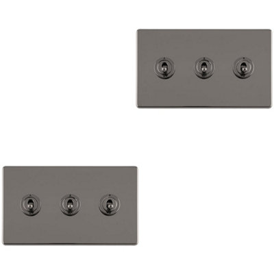 Loops 2 Pack 3 Gang Triple Retro Toggle Switch Screwless Nickel 10A 2 Way Light/Black