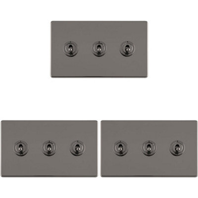 B&Q -  3 Pack 3 Gang Triple Retro Toggle Light Switch Screwless Black Nickel 10A 2 Way
