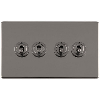 Loops 4 Gang Quad Retro Toggle Switch Screwless Nickel 10A 2 Way Lever Light/Black