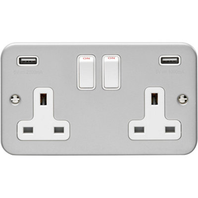 Loops 2 Gang Double 13A Switched Uk Plug Socket & 2.1A Usb-A Heavy Duty Metal Clad Silver