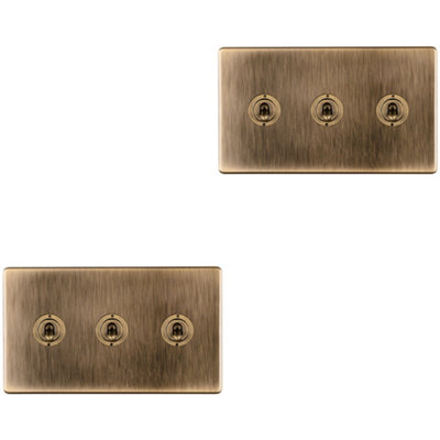 B&Q -  2 Pack 3 Gang Triple Retro Toggle Light Switch Screwless Antique Brass 10A 2 Way