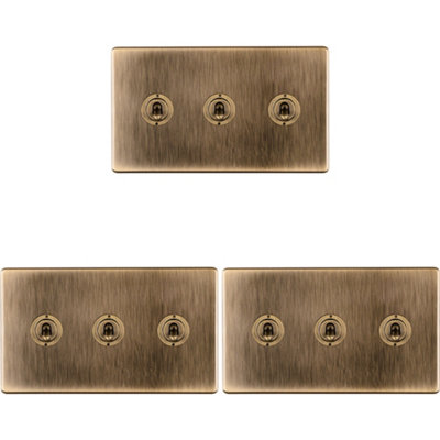 Loops 3 Pack 3 Gang Triple Retro Toggle Switch Screwless Antique Brass 10A 2 Way Light
