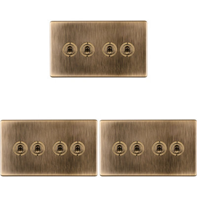Loops 3 Pack 4 Gang Quad Retro Toggle Switch Screwless Antique Brass 10A 2 Way Light