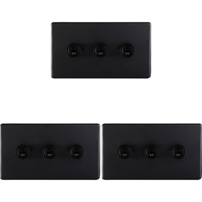 Loops 3 Pack 3 Gang Triple Retro Toggle Switch Screwless Matt 10A 2 Way Light/Black