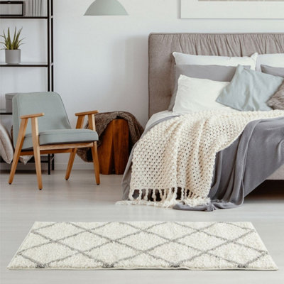 B&Q -  Moroccan Shaggy Rugs And Runners Soft Fluffy Diamond Design High Pile Ivory And Grey Living Room Kitchen Hallway 500