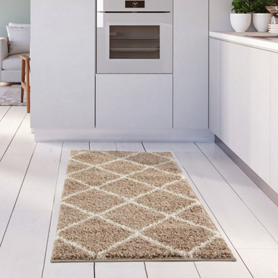 The Rugs Moroccan Shaggy Rugs And Runners Soft Fluffy Diamond Design High Pile Beige And Ivory Living Room Kitchen Hallway 520