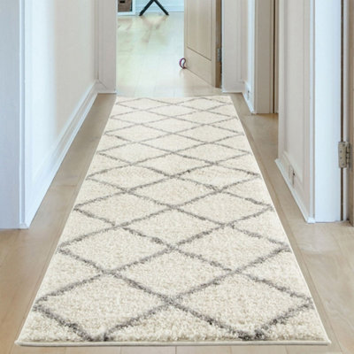 B&Q -  Moroccan Shaggy Rugs And Runners Soft Fluffy Diamond Design High Pile Ivory And Grey Living Room Kitchen Hallway 500