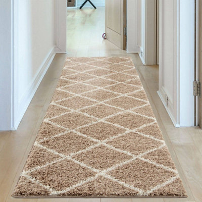 The Rugs Moroccan Shaggy Rugs And Runners Soft Fluffy Diamond Design High Pile Beige And Ivory Living Room Kitchen Hallway 520