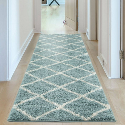 The Rugs Moroccan Shaggy Rugs And Runners Soft Fluffy Diamond Design High Pile Duck Egg Blue And Ivory Living Room Kitchen Hallway 550