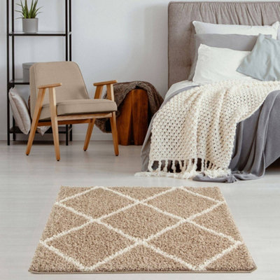 B&Q -  Moroccan Shaggy Rugs And Runners Soft Fluffy Diamond Design High Pile Beige And Ivory Living Room Kitchen Hallway 520