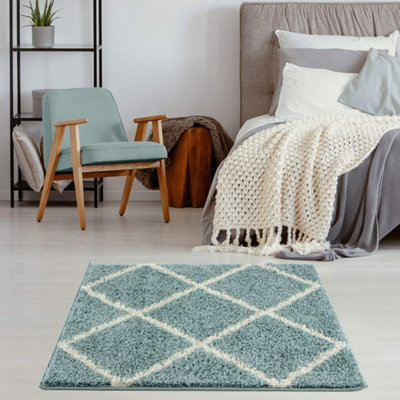 B&Q -  Moroccan Shaggy Rugs And Runners Soft Fluffy Diamond Design High Pile Duck Egg Blue And Ivory Living Room Kitchen Hallway 550
