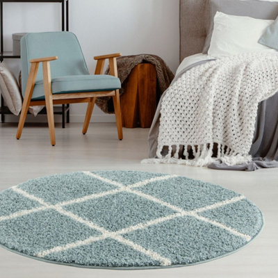 The Rugs Moroccan Shaggy Rugs And Runners Soft Fluffy Diamond Design High Pile Duck Egg Blue And Ivory Living Room Kitchen Hallway 550