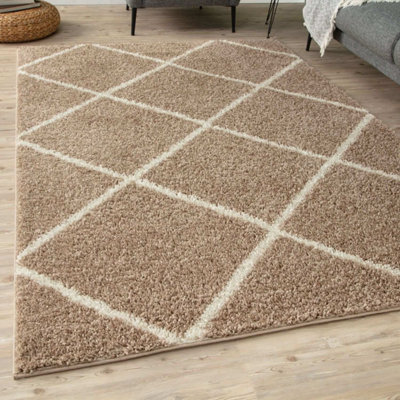 B&Q -  Moroccan Shaggy Rugs And Runners Soft Fluffy Diamond Design High Pile Beige And Ivory Living Room Kitchen Hallway 520